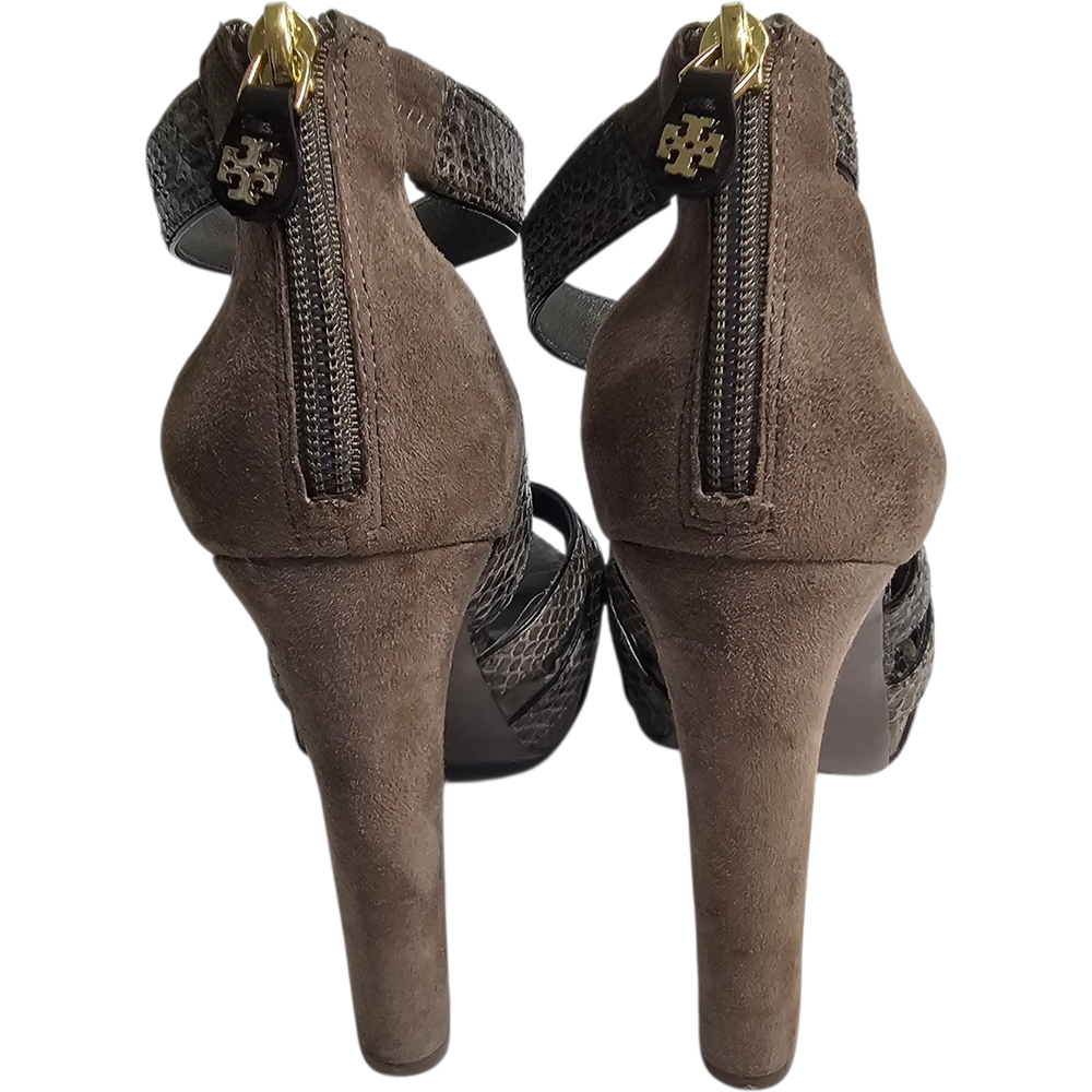 Tory Burch Gray Brown Suede Leather Animal Print Strappy Block Heels Size 9 - Picture 7 of 14